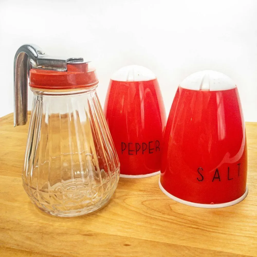 MCM Atomic Red Diner Set: Salt & Pepper Shakers and Syrup Pitcher